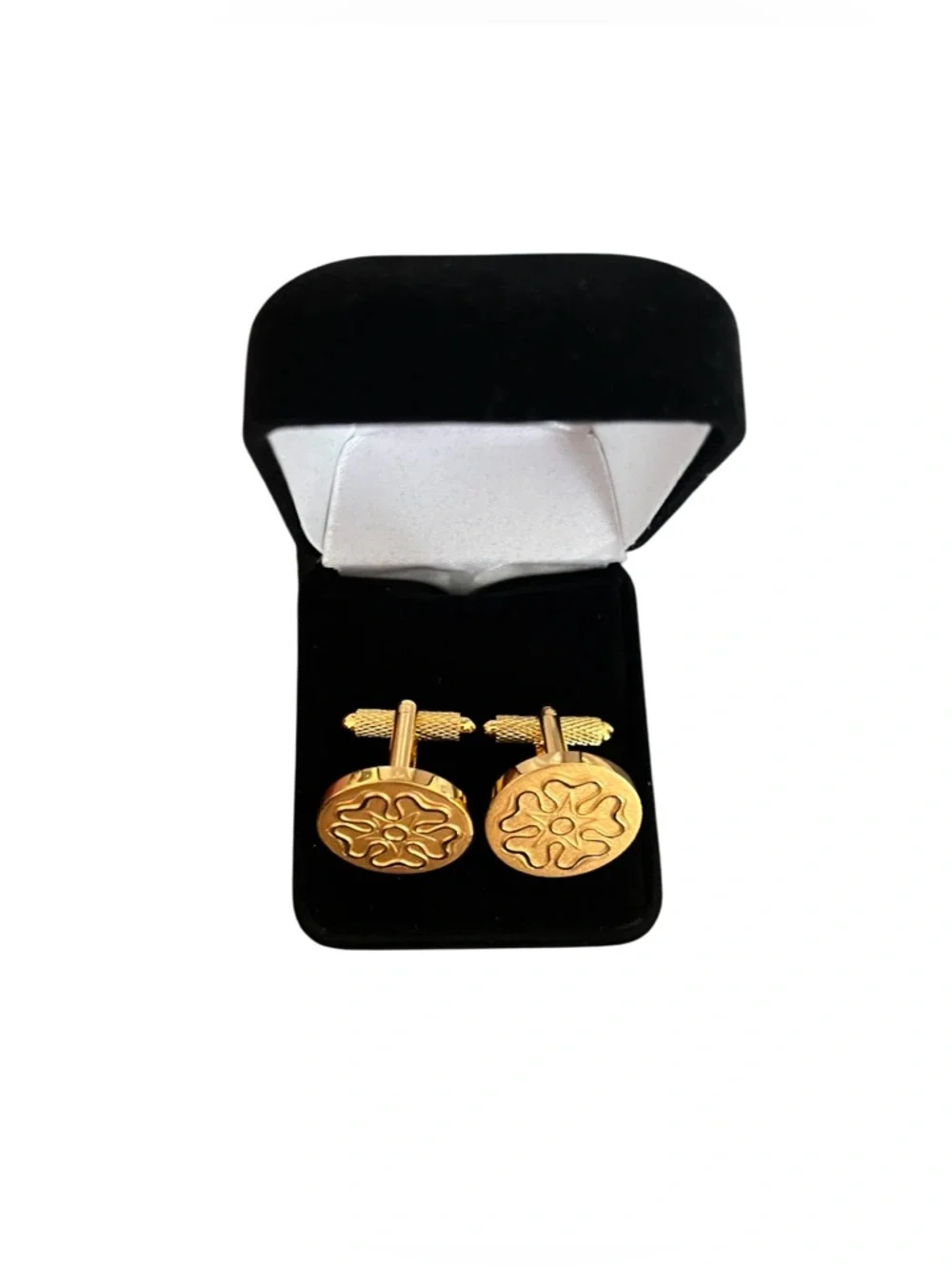 Men’s Cuff Links Gold Tone | Round Engraved Classic Design | T-Bar Fastening